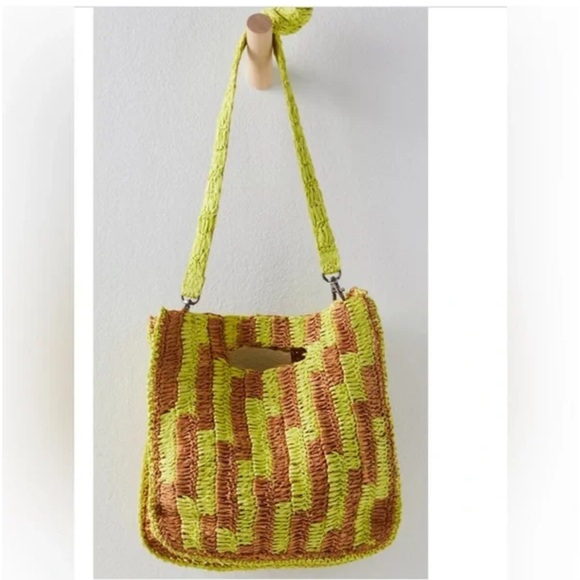 Free People Brunch Date Brown Green Yellow Raffia Purse NWOT - Picture 4 of 9